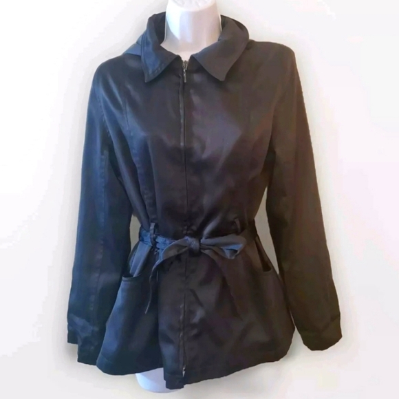 Vntg Women's Jacket Removable Hood Belt Black Silky CS Signature Ukraine Made S - Picture 1 of 11